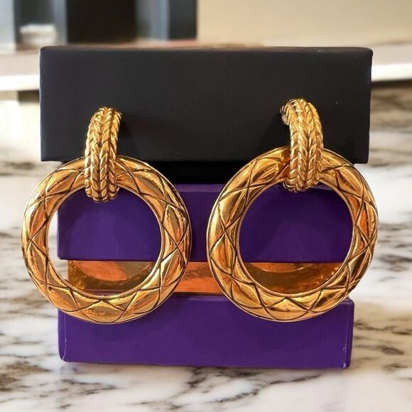 Chanel Vintage Gold Plated Hoop Earrings - Picture 1 of 6